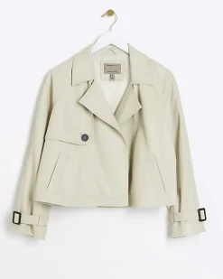 River Island Petite Faux Leather Trench Coat Cream New