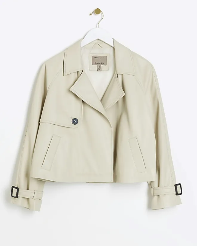 River Island Petite Faux Leather Trench Coat Cream New