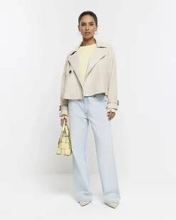 River Island Petite Faux Leather Trench Coat Cream New