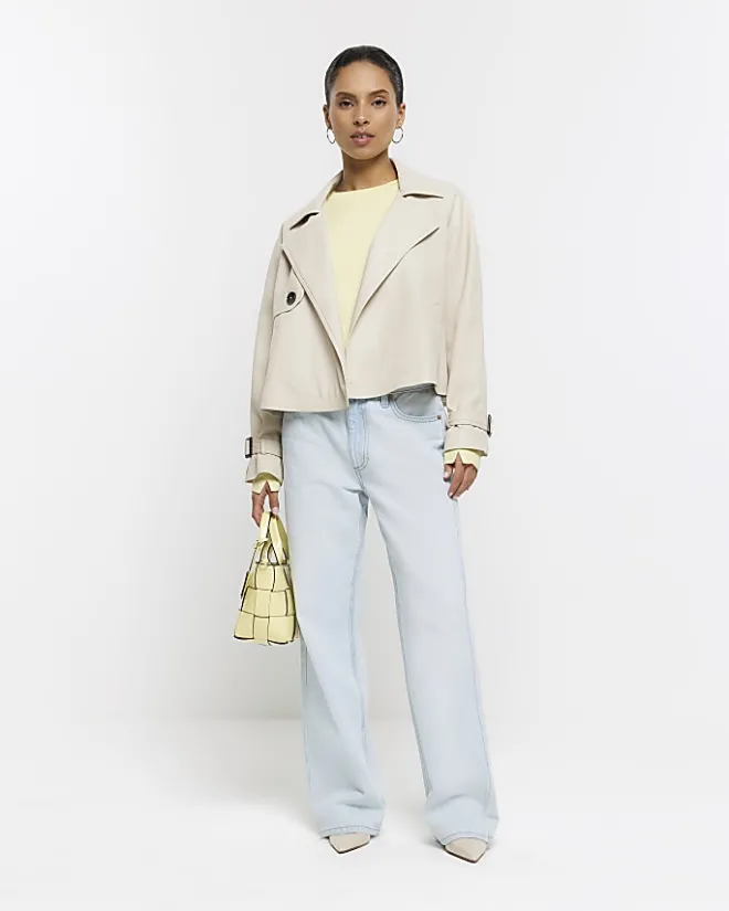 River Island Petite Faux Leather Trench Coat Cream New