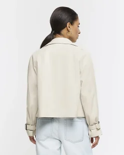 River Island Petite Faux Leather Trench Coat Cream New