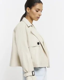 River Island Petite Faux Leather Trench Coat Cream New