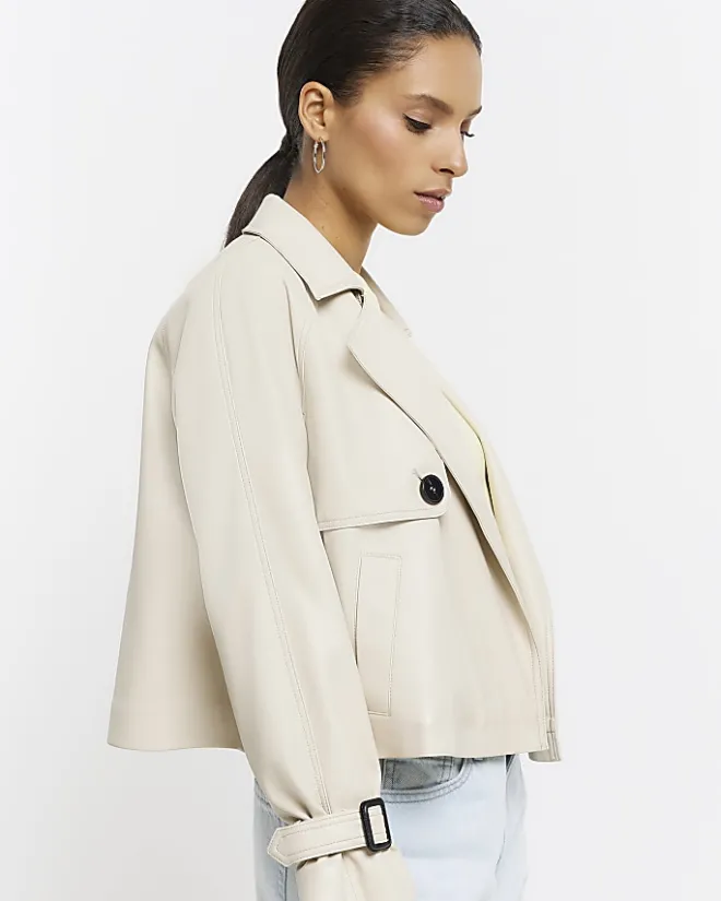 River Island Petite Faux Leather Trench Coat Cream New