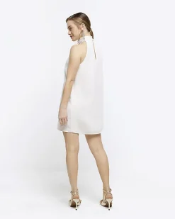 River Island Petite halter neck shift mini dress Cream New