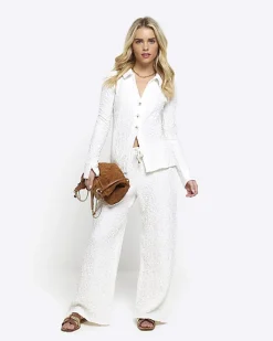 River Island Petite textured long sleeve shirt Cream Clearance