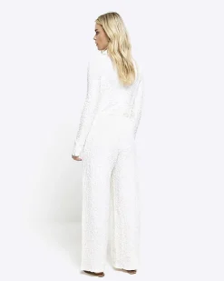 River Island Petite textured wide leg trousers Cream Online