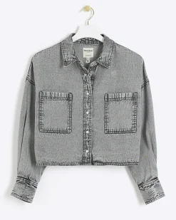 River Island Petite crop denim shirt Grey Sale