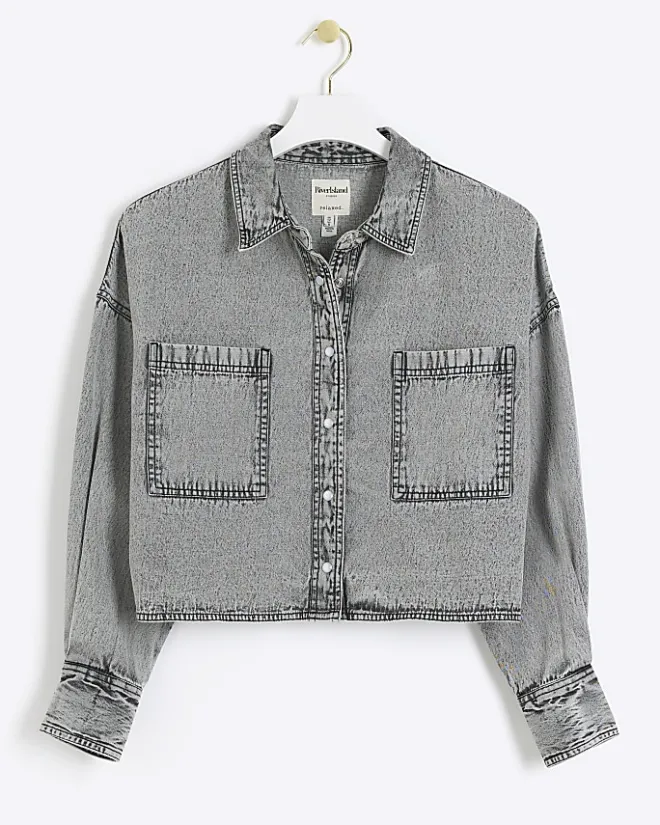 River Island Petite crop denim shirt Grey Sale