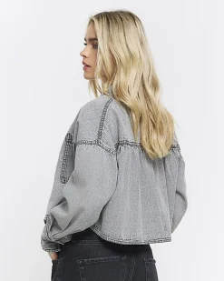 River Island Petite crop denim shirt Grey Sale
