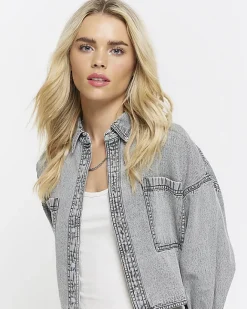 River Island Petite crop denim shirt Grey Sale