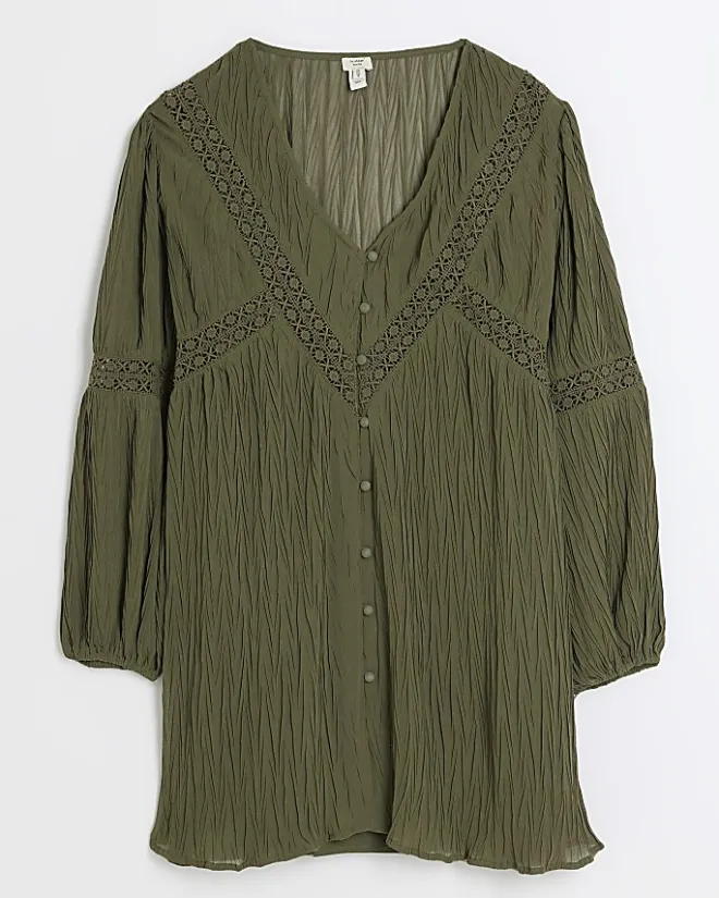 River Island Petite lace detail smock mini dress Khaki Outlet