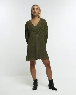 River Island Petite lace detail smock mini dress Khaki Outlet