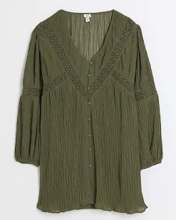 River Island Petite lace detail smock mini dress Khaki Outlet