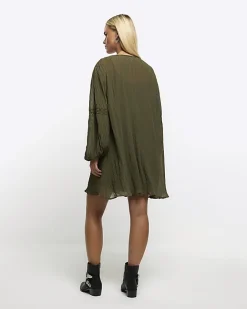 River Island Petite lace detail smock mini dress Khaki Outlet