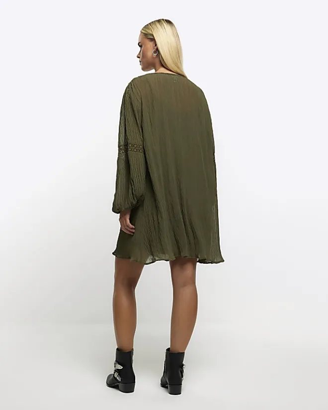 River Island Petite lace detail smock mini dress Khaki Outlet
