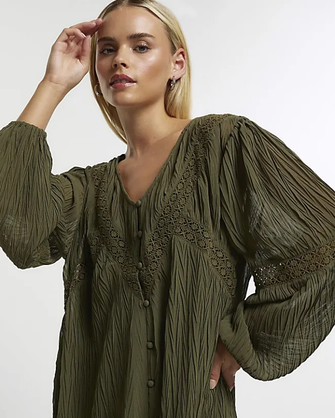 River Island Petite lace detail smock mini dress Khaki Outlet