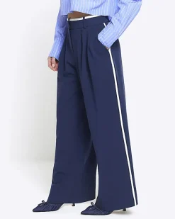 River Island Petite navy side stripe wide leg trousers Blue Sale