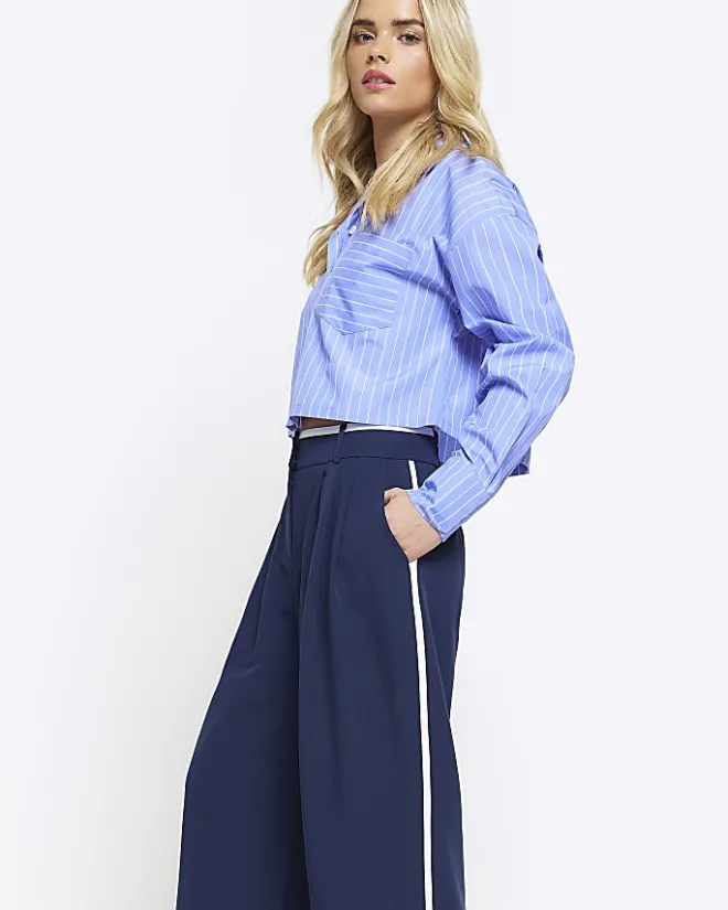 River Island Petite navy side stripe wide leg trousers Blue Sale