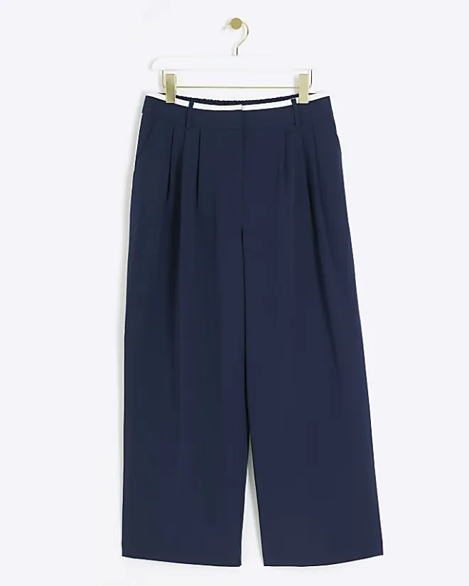 River Island Petite navy side stripe wide leg trousers Blue Sale
