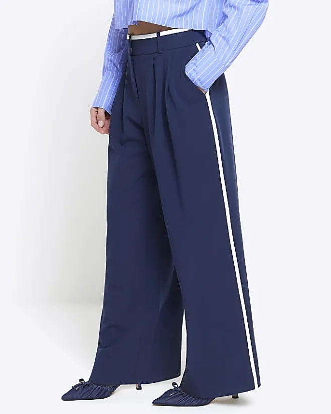 River Island Petite navy side stripe wide leg trousers Blue Sale