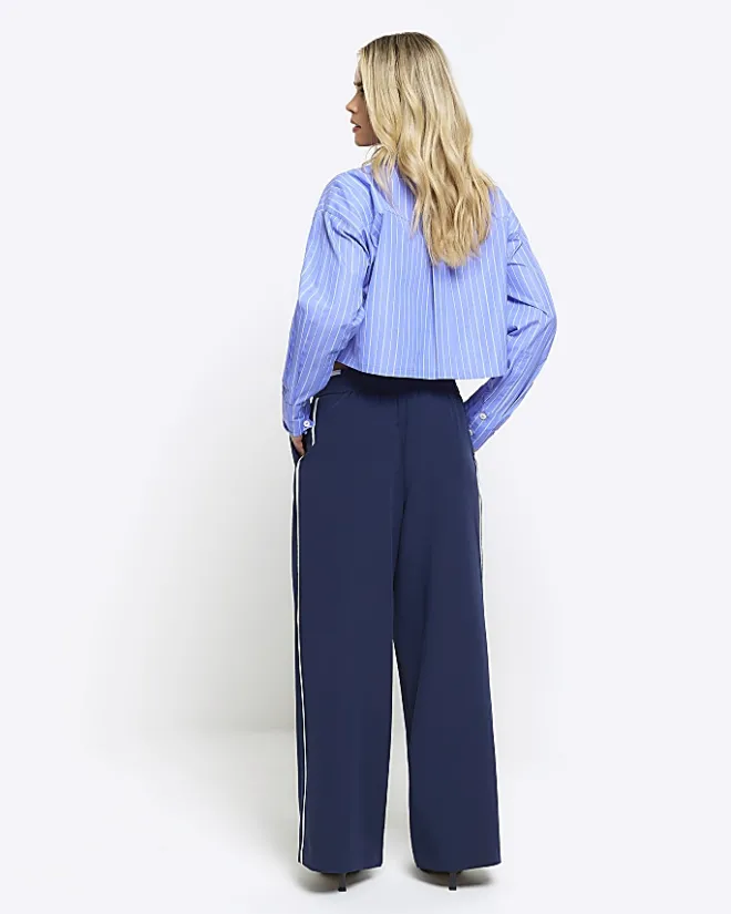 River Island Petite navy side stripe wide leg trousers Blue Sale