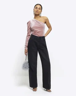River Island Petite velvet one shoulder bodysuit Pink Discount
