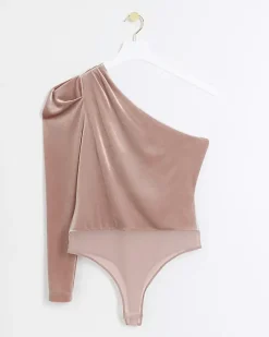 River Island Petite velvet one shoulder bodysuit Pink Discount