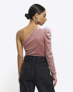 River Island Petite velvet one shoulder bodysuit Pink Discount