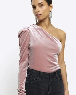 River Island Petite velvet one shoulder bodysuit Pink Discount