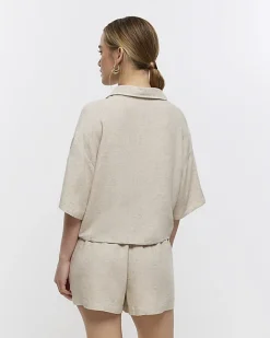 River Island Petite stone crop shirt with linen Cream Hot