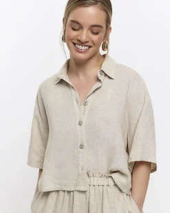 River Island Petite stone crop shirt with linen Cream Hot