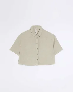 River Island Petite stone crop shirt with linen Cream Hot