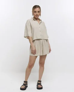 River Island Petite stone crop shirt with linen Cream Hot