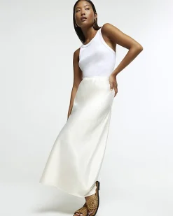 River Island Petite stone satin maxi skirt Cream Best