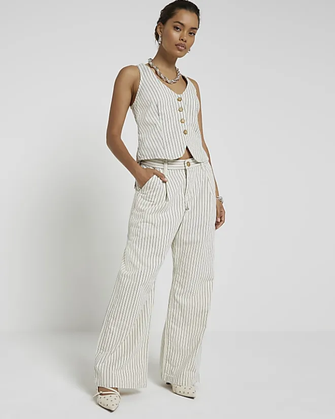 River Island Petite high waisted stripe loose jeans White Sale
