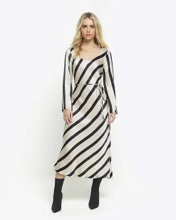 River Island Petite satin stripe slip midi dress White Fashion