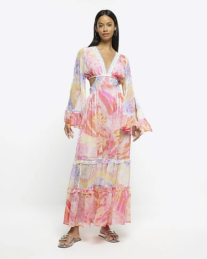 River Island chiffon abstract print beach maxi dress Pink Discount