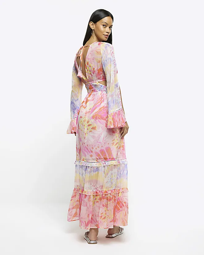 River Island chiffon abstract print beach maxi dress Pink Discount