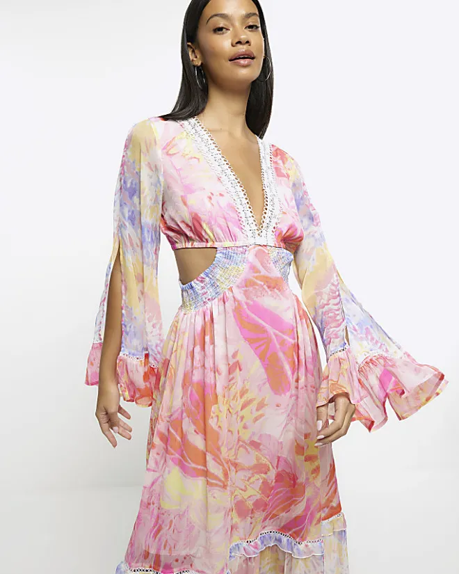 River Island chiffon abstract print beach maxi dress Pink Discount
