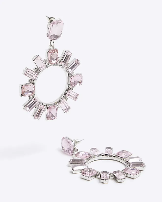 River Island diamante open circle drop earrings Pink Online
