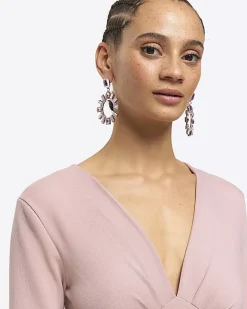 River Island diamante open circle drop earrings Pink Online