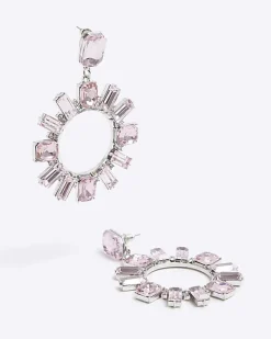 River Island diamante open circle drop earrings Pink Online