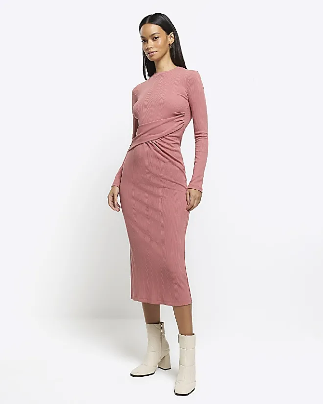 River Island drape front bodycon midi dress Pink New