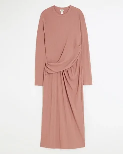 River Island drape front bodycon midi dress Pink New