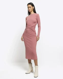 River Island drape front bodycon midi dress Pink New
