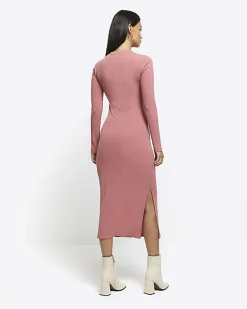 River Island drape front bodycon midi dress Pink New