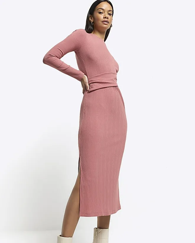 River Island drape front bodycon midi dress Pink New