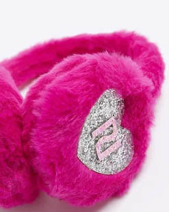 River Island Girls heart faux fur glitter RI earmuffs Pink New