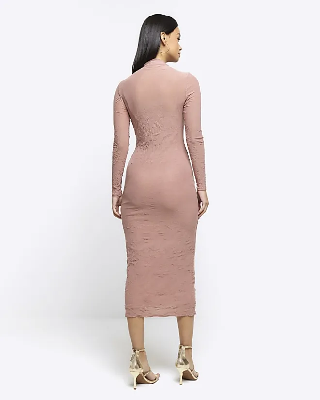 River Island mesh long sleeve bodycon midi dress Pink Discount