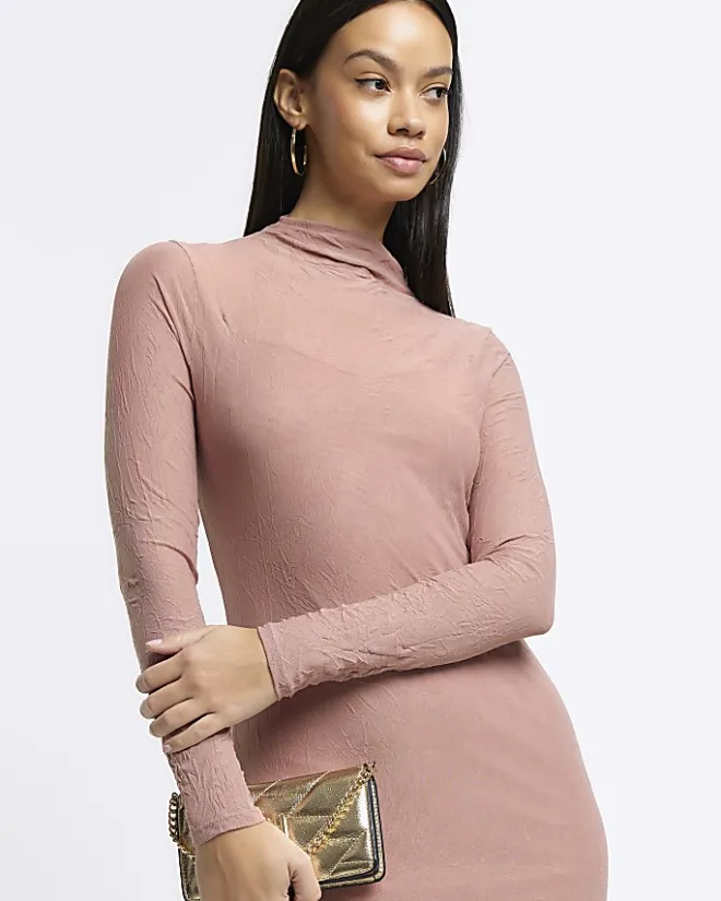 River Island mesh long sleeve bodycon midi dress Pink Discount